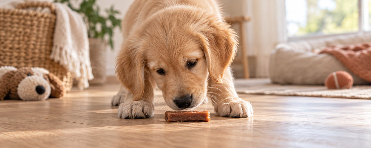 Golden retriever-puppy snuffelt aan een zachte snack op de houten vloer