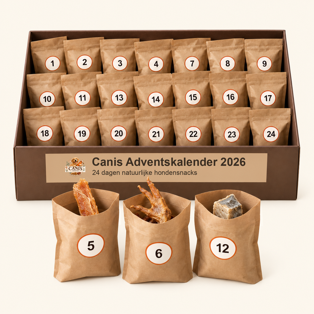Canis Adventskalender 2026: cadeaudoos met 24 genummerde zakjes, in elk zakje één natuurlijke hondensnack (pre-order)