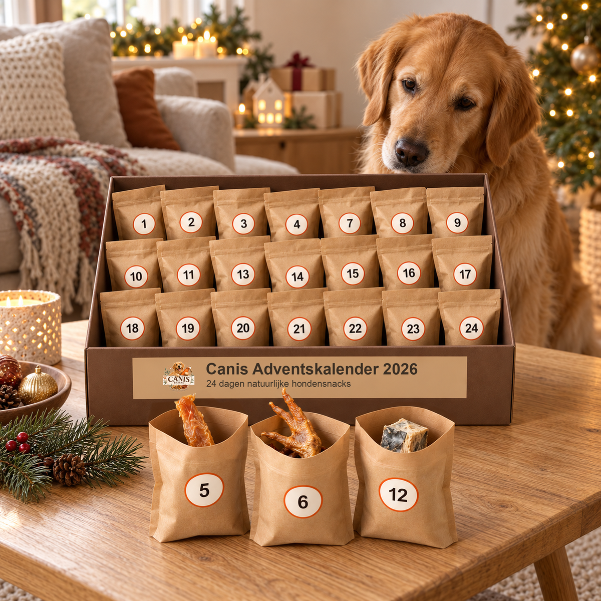 Canis Adventskalender 2026 op tafel met golden retriever, kerstsfeer